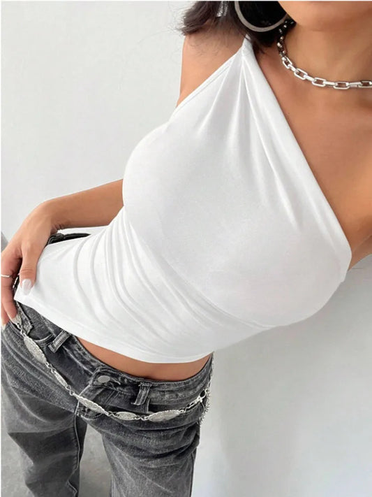 Blusa Feminina Ombro Único Assimétrica, Cor Lisa e Modelagem Justa