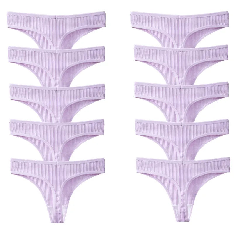 Kit com 10 Calcinhas Femininas em Algodão, Modelo Fio Dental com Design Listrado e Toque Macio