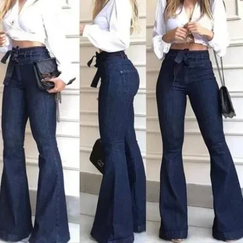 Calça Jeans Feminina Flare de Cintura Alta com Bolsos, Botões e Leve Elasticidade