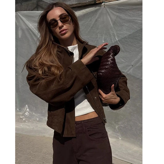 Jaqueta Feminina de Outono 2025 com Bolsos Grandes e Ajuste Slim