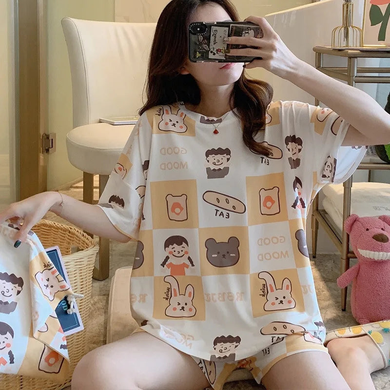 Pijama Feminino de Verão com Camiseta Manga Curta e Short, Leve, Solto e Confortável