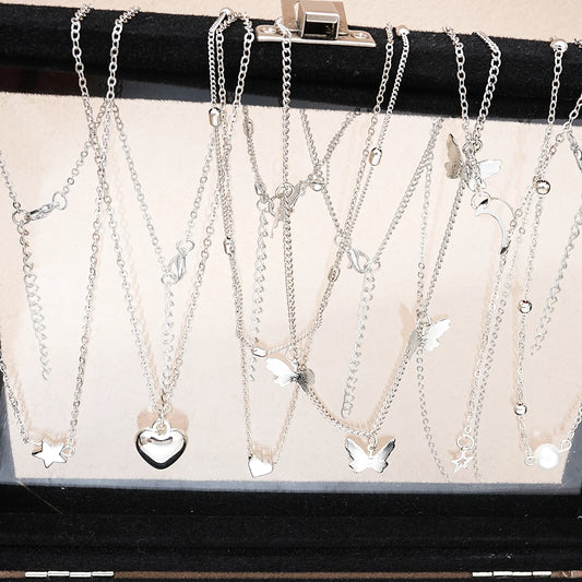 Conjunto de Joias Feminino 51 Peças Prata com Borboleta Coração e Pérolas