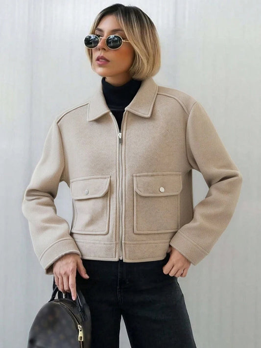 Jaqueta Feminina de Inverno com Zíper e Bolsos, Estilo Curto e Elegante