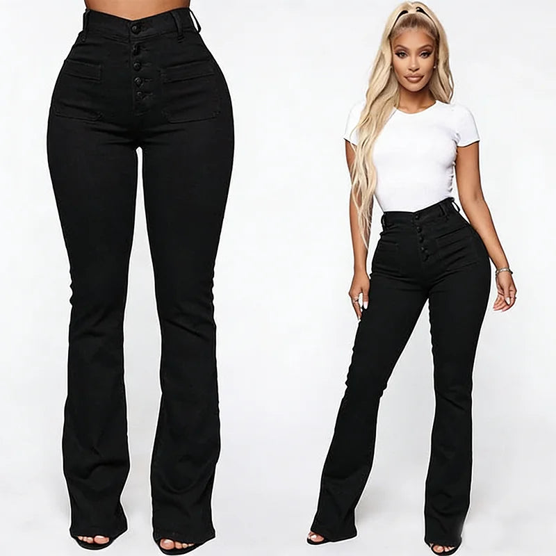 Calça Jeans Feminina Cintura Alta com Lavagem Estonada e Bolsos com Aba