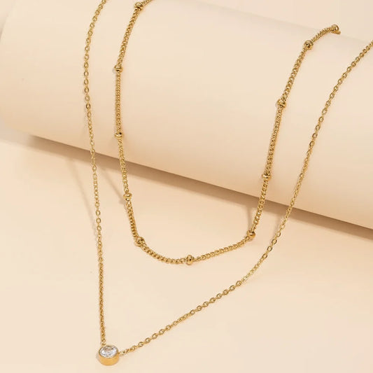 Colar Feminino Duplo em Aço Inoxidável com Pingente de Zircônia e Design Elegante