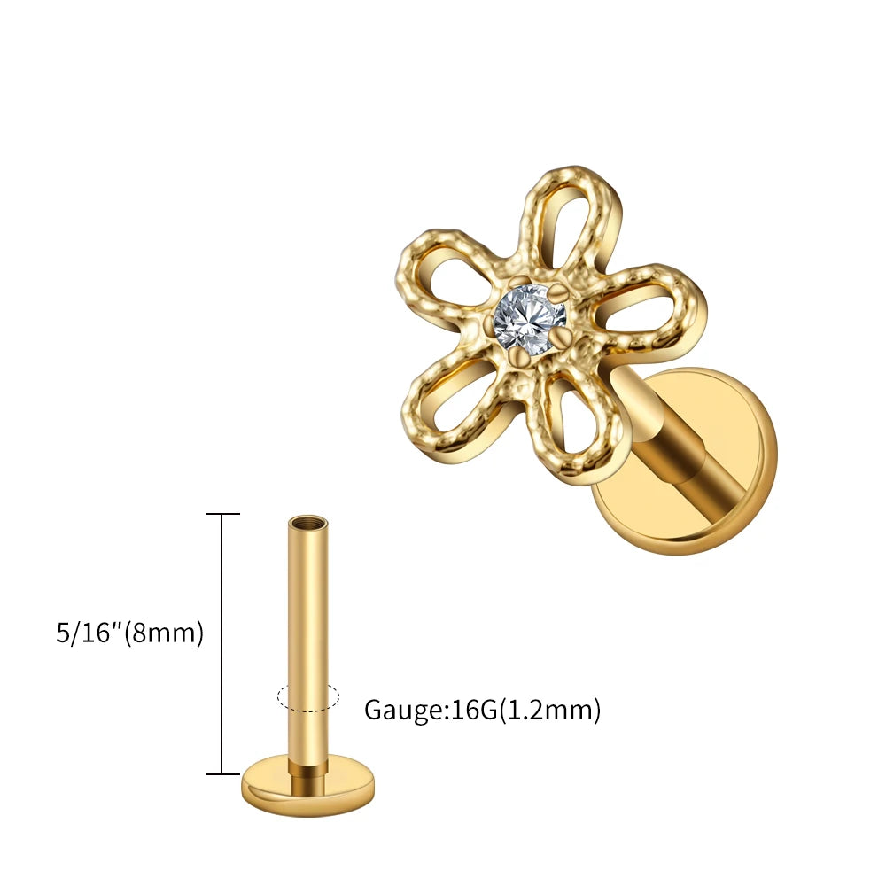 Piercing Feminino em Titânio com Flor Cravejada em Zircônia, Delicado e Sofisticado