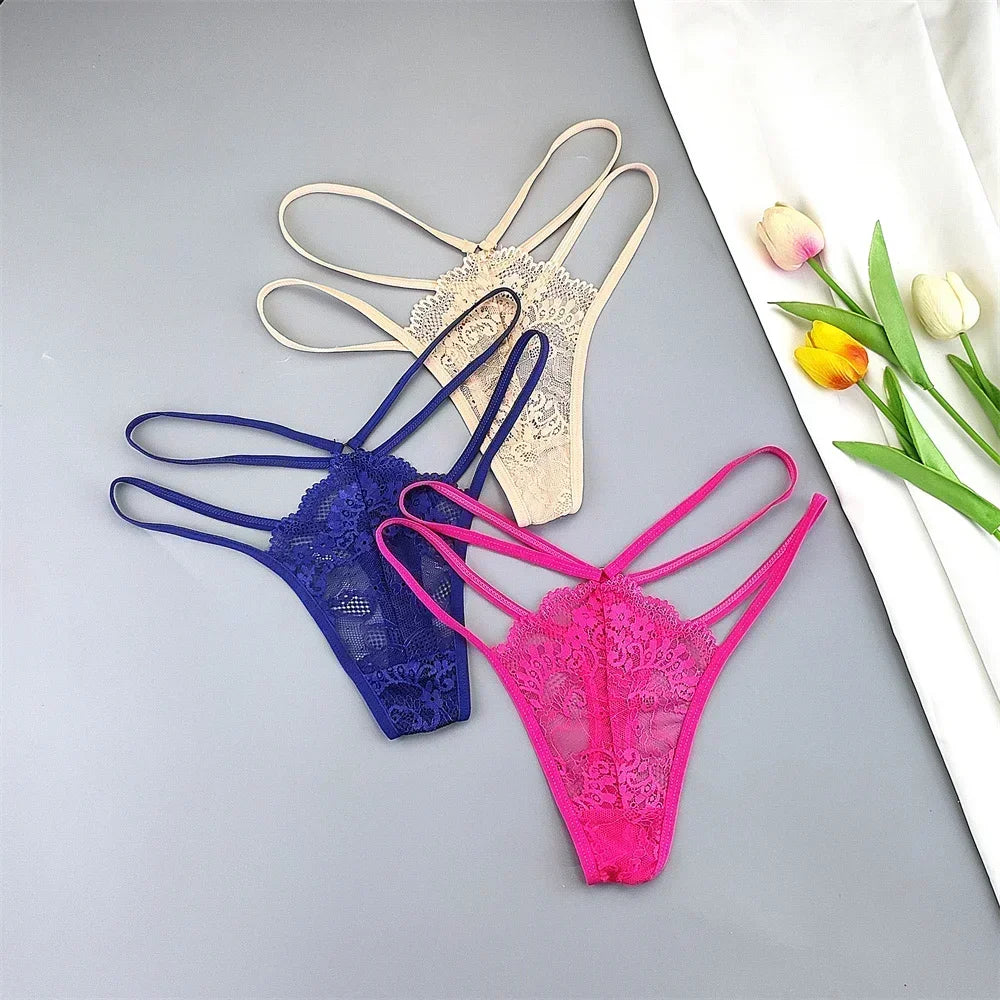 Kit 3 Calcinhas Fio Dental Femininas com Renda Transparente e Cintura Baixa