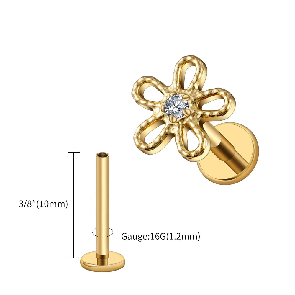 Piercing Feminino em Titânio com Flor Cravejada em Zircônia, Delicado e Sofisticado