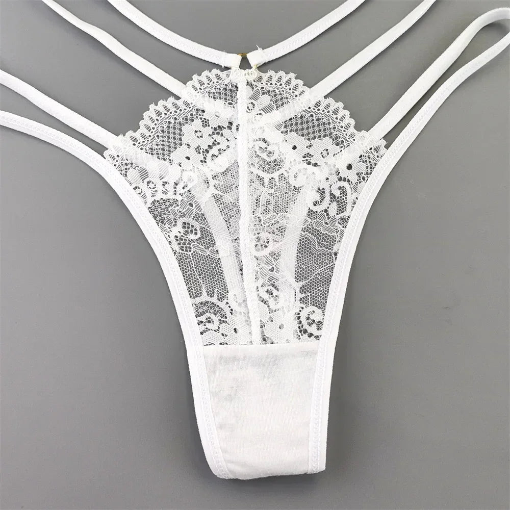 Kit 3 Calcinhas Fio Dental Femininas com Renda Transparente e Cintura Baixa