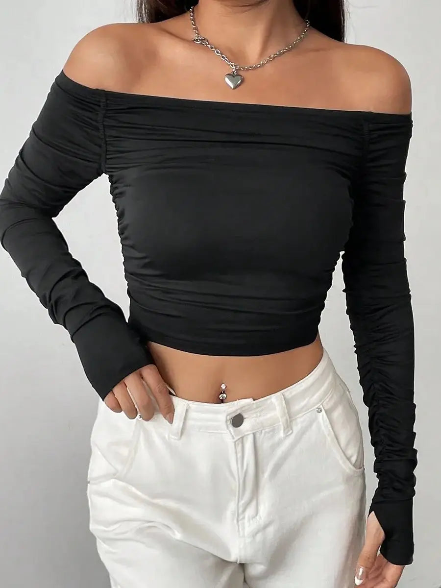 Blusa Feminina Slim Manga Longa com Recorte no Ombro