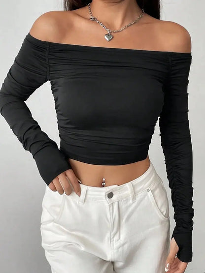 Blusa Feminina Slim Manga Longa com Recorte no Ombro