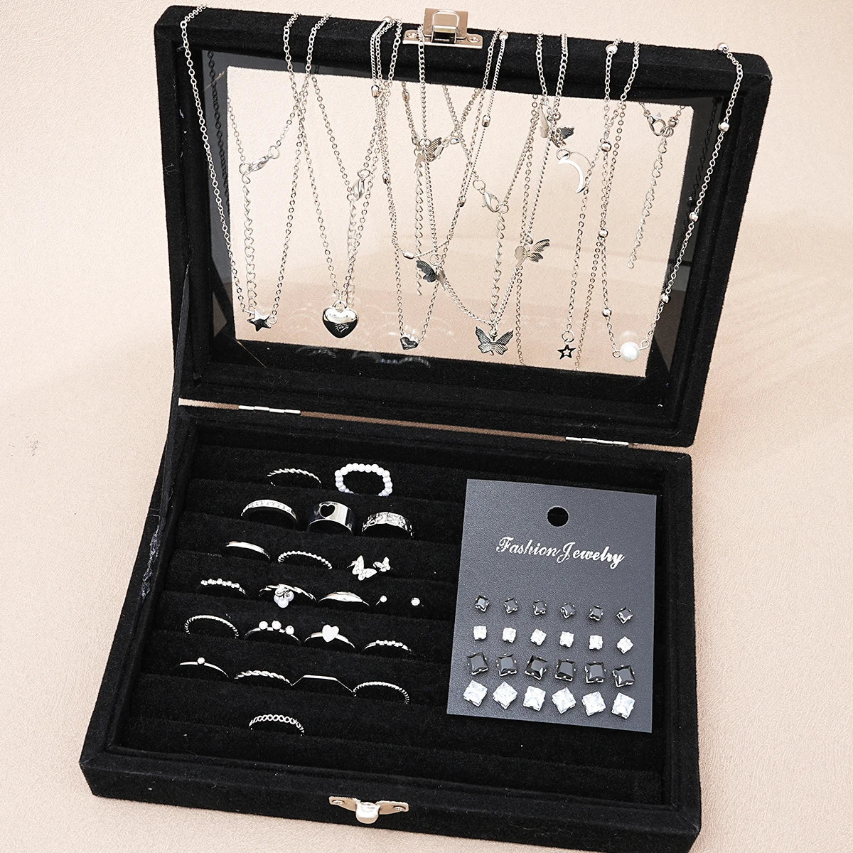 Conjunto de Joias Feminino 51 Peças Prata com Borboleta Coração e Pérolas