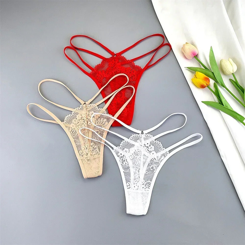 Kit 3 Calcinhas Fio Dental Femininas com Renda Transparente e Cintura Baixa