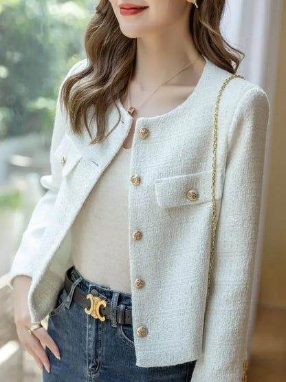 Casaco Feminino Tweed com Botões Dourados