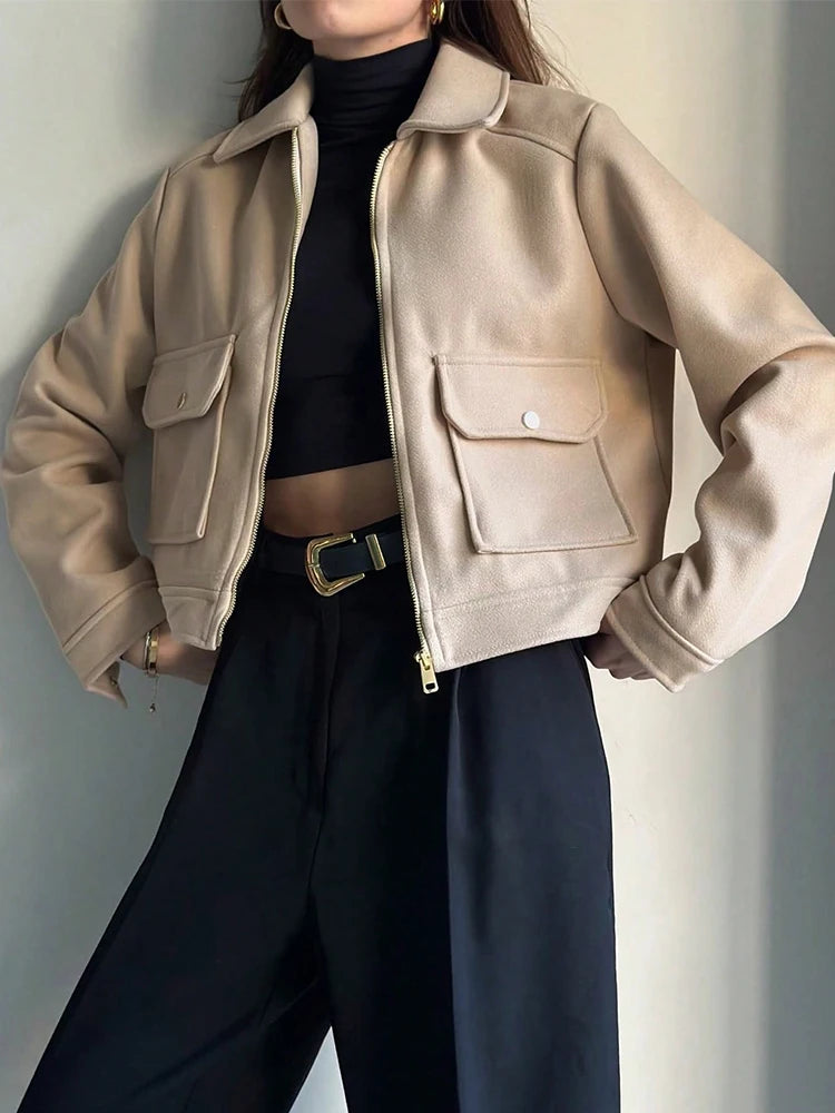 Jaqueta Feminina de Inverno com Zíper e Bolsos, Estilo Curto e Elegante