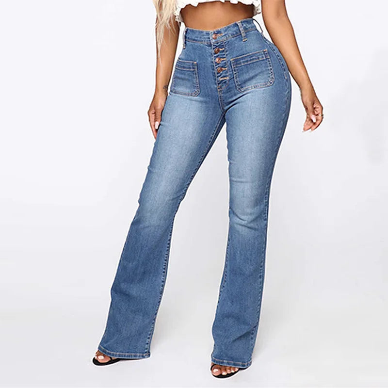 Calça Jeans Feminina Cintura Alta com Lavagem Estonada e Bolsos com Aba