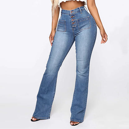 Calça Jeans Feminina Cintura Alta com Lavagem Estonada e Bolsos com Aba