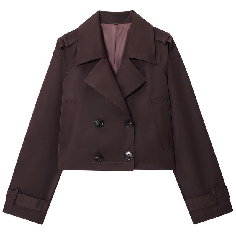 Trench Coat Feminino Cropped Marrom Chocolate com Manga Longa e Fechamento Duplo