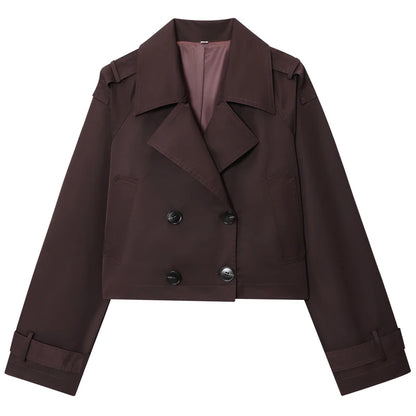 Trench Coat Feminino Cropped Marrom Chocolate com Manga Longa e Fechamento Duplo