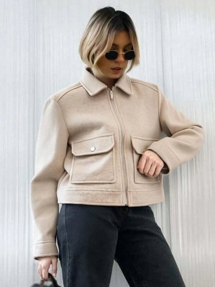 Jaqueta Feminina de Inverno com Zíper e Bolsos, Estilo Curto e Elegante