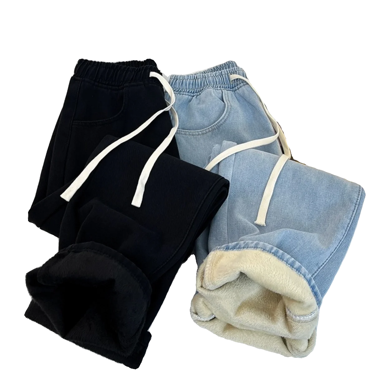 Calça Jeans Feminina de Inverno Forrada com Fleece, Cintura Alta Elástica e Modelagem Reta