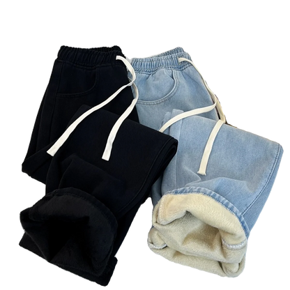 Calça Jeans Feminina de Inverno Forrada com Fleece, Cintura Alta Elástica e Modelagem Reta