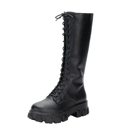 Bota Feminina Cano Médio com Plataforma, Estilo Militar e Punk