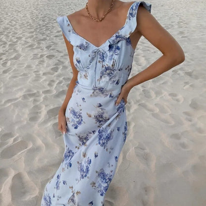 Vestido Feminino Longo Floral com Alças Finas, Decote Profundo e Costas Abertas