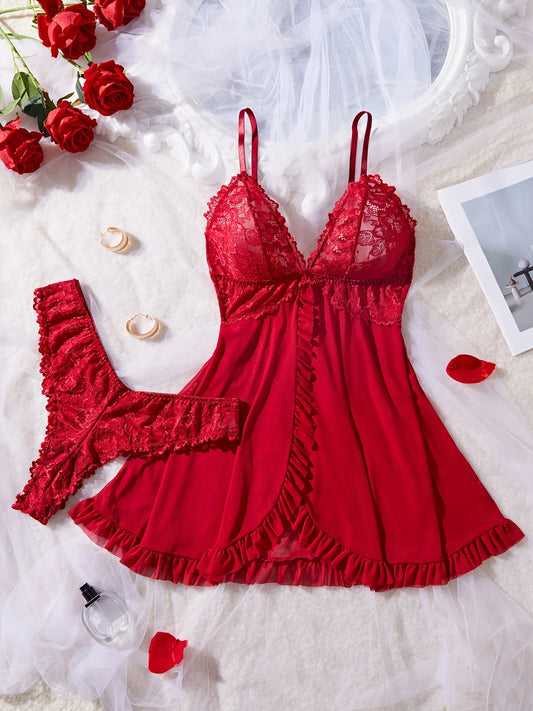 Conjunto de Lingerie Feminina em Renda com Camisola e Calcinha Vermelha