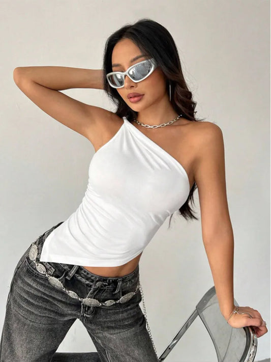 Blusa Feminina Ombro Único Assimétrica, Cor Lisa e Modelagem Justa