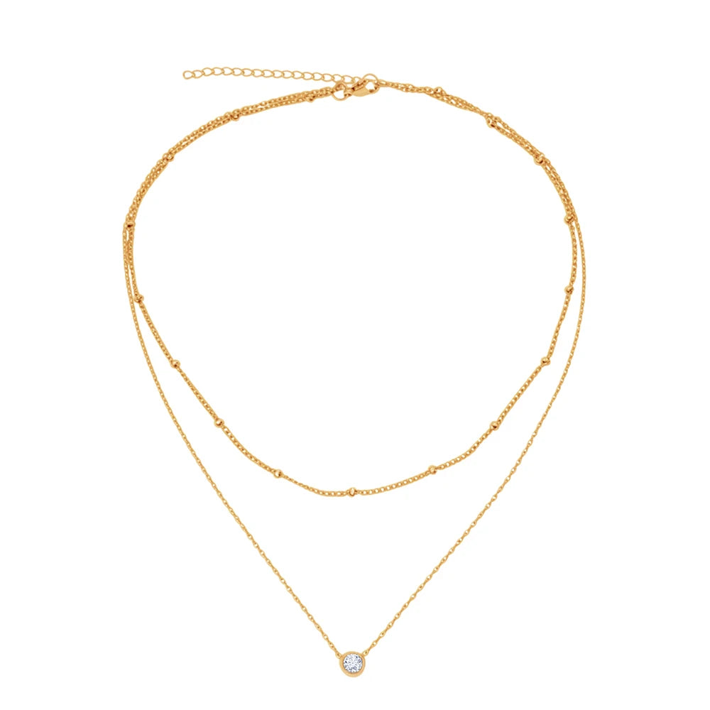 Colar Feminino Duplo em Aço Inoxidável com Pingente de Zircônia e Design Elegante