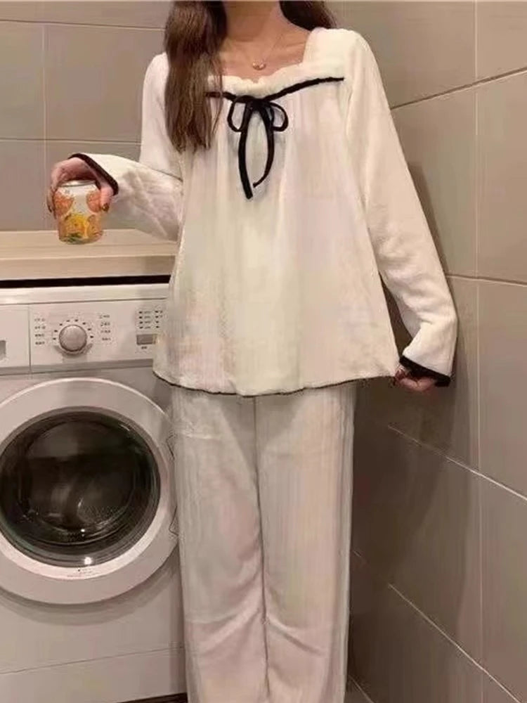 Pijama Feminino de Inverno em Fleece Coral, Conjunto de Manga Longa, Quente, Macio e Confortável