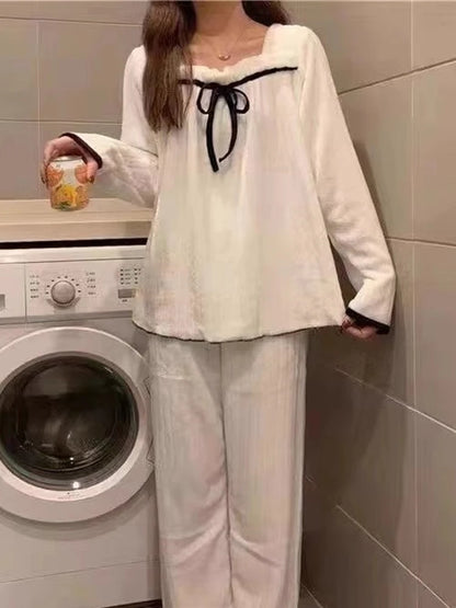Pijama Feminino de Inverno em Fleece Coral, Conjunto de Manga Longa, Quente, Macio e Confortável