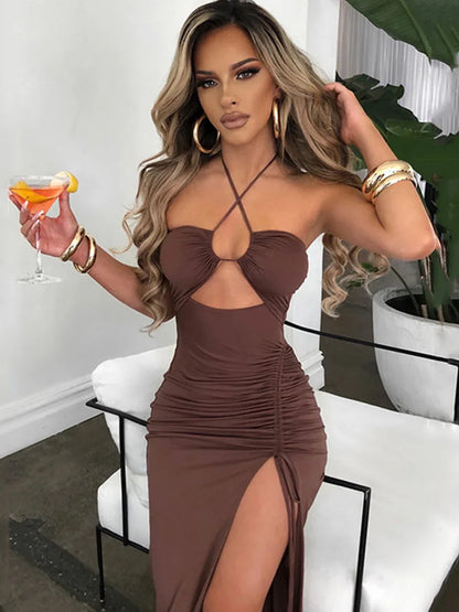 Vestido Midi Feminino Sem Mangas, Costas Abertas e Modelagem Justa