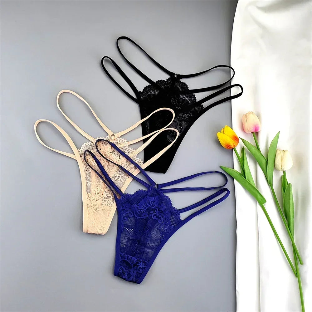 Kit 3 Calcinhas Fio Dental Femininas com Renda Transparente e Cintura Baixa