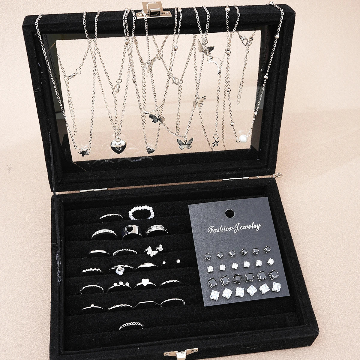 Conjunto de Joias Feminino 51 Peças Prata com Borboleta Coração e Pérolas