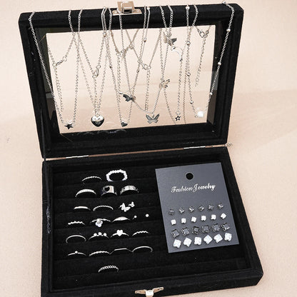 Conjunto de Joias Feminino 51 Peças Prata com Borboleta Coração e Pérolas
