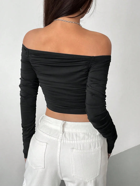 Blusa Feminina Slim Manga Longa com Recorte no Ombro