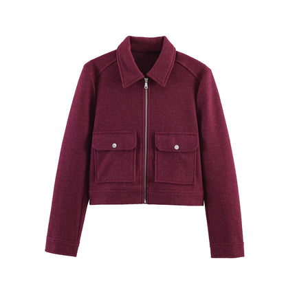 Jaqueta Feminina de Inverno com Zíper e Bolsos, Estilo Curto e Elegante