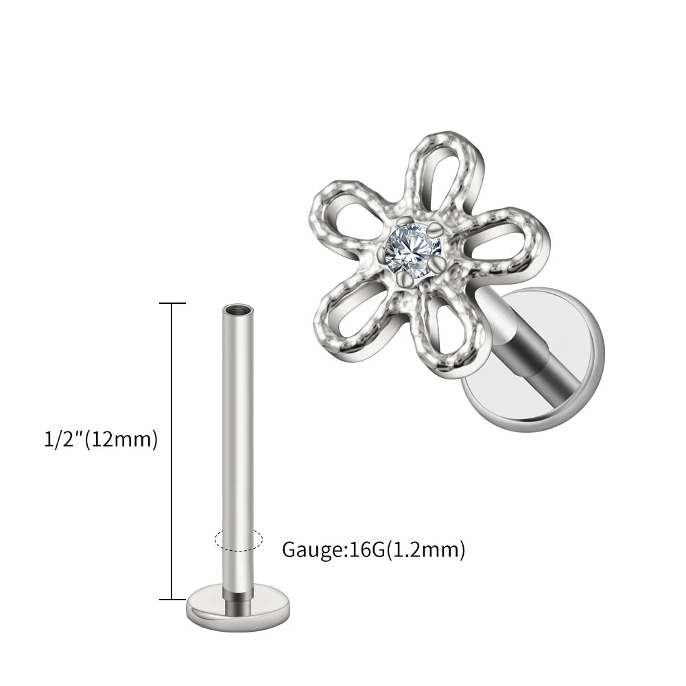 Piercing Feminino em Titânio com Flor Cravejada em Zircônia, Delicado e Sofisticado