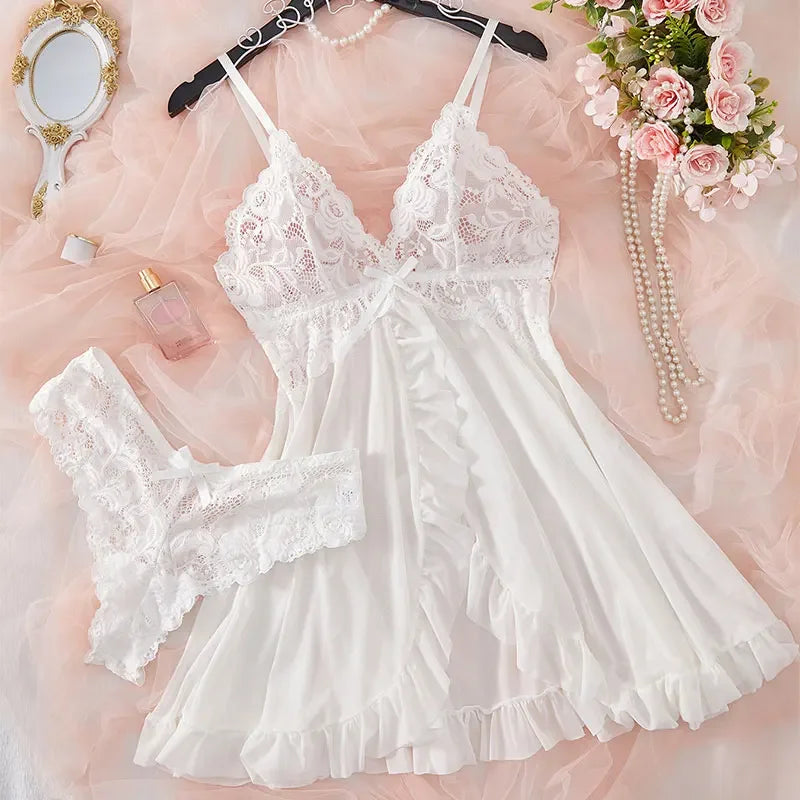 Conjunto de Lingerie Feminina em Renda com Camisola e Calcinha Vermelha
