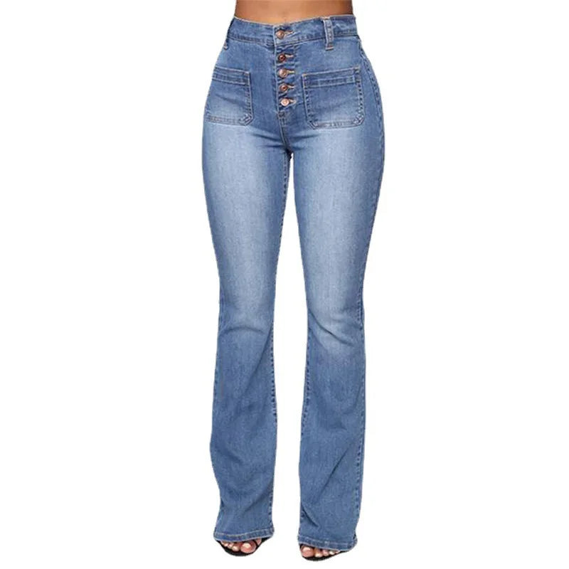 Calça Jeans Feminina Cintura Alta com Lavagem Estonada e Bolsos com Aba