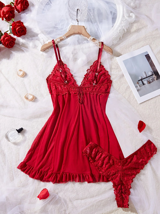 Conjunto de Lingerie Feminina em Renda com Camisola e Calcinha Vermelha