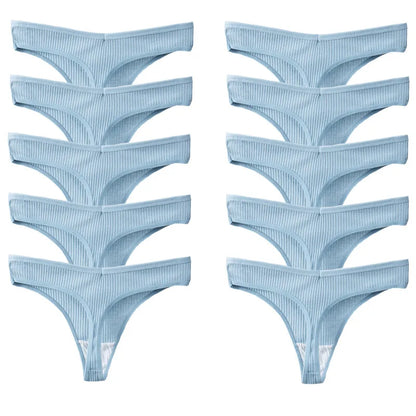 Kit com 10 Calcinhas Femininas em Algodão, Modelo Fio Dental com Design Listrado e Toque Macio
