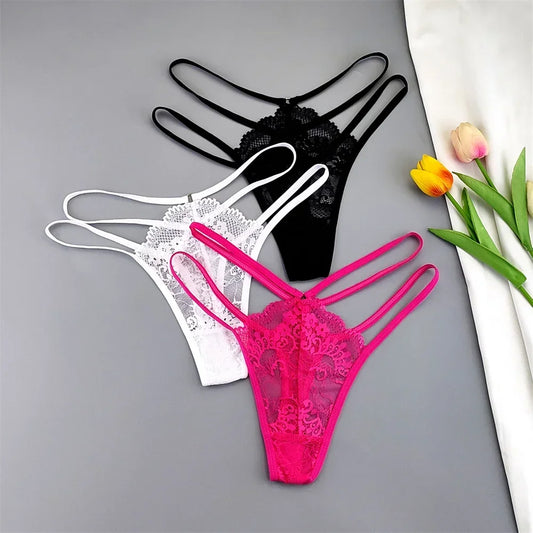 Kit 3 Calcinhas Fio Dental Femininas com Renda Transparente e Cintura Baixa