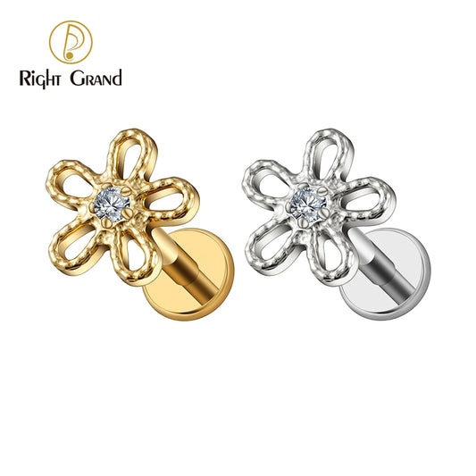 Piercing Feminino em Titânio com Flor Cravejada em Zircônia, Delicado e Sofisticado