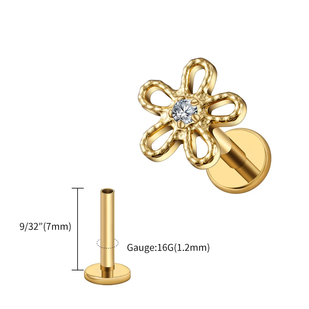 Piercing Feminino em Titânio com Flor Cravejada em Zircônia, Delicado e Sofisticado