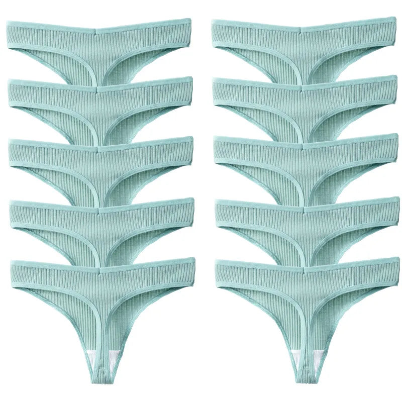 Kit com 10 Calcinhas Femininas em Algodão, Modelo Fio Dental com Design Listrado e Toque Macio