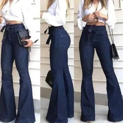 Calça Jeans Feminina Flare de Cintura Alta com Bolsos, Botões e Leve Elasticidade