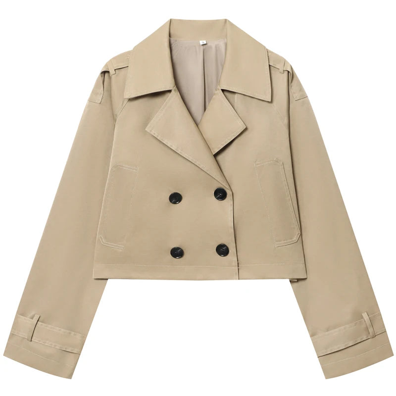 Trench Coat Feminino Cropped Marrom Chocolate com Manga Longa e Fechamento Duplo